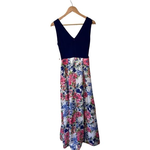 Leslie Fay Floral Sleeveless V Neck Pleated Wrap Dress Royal Blue Pink Size 6 - Picture 1 of 16